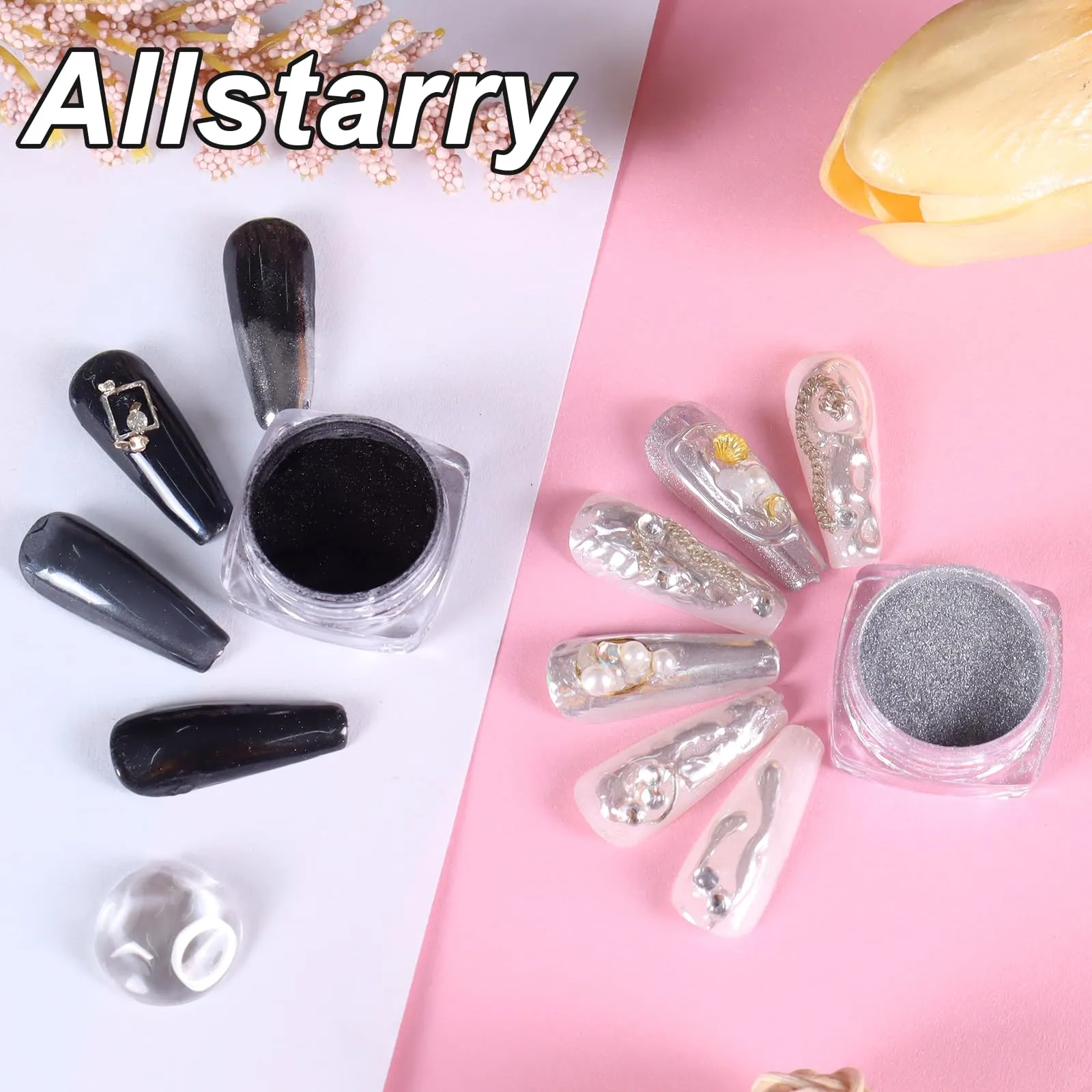 Allstarry Chrome Nail Powder 2pcs Black Silver Metallic Mirror Effect Dust Glitter Glazed Manicure Decoration Reflective Pigment for Gel Polish Nail Art Decoration- Milky Trajectory