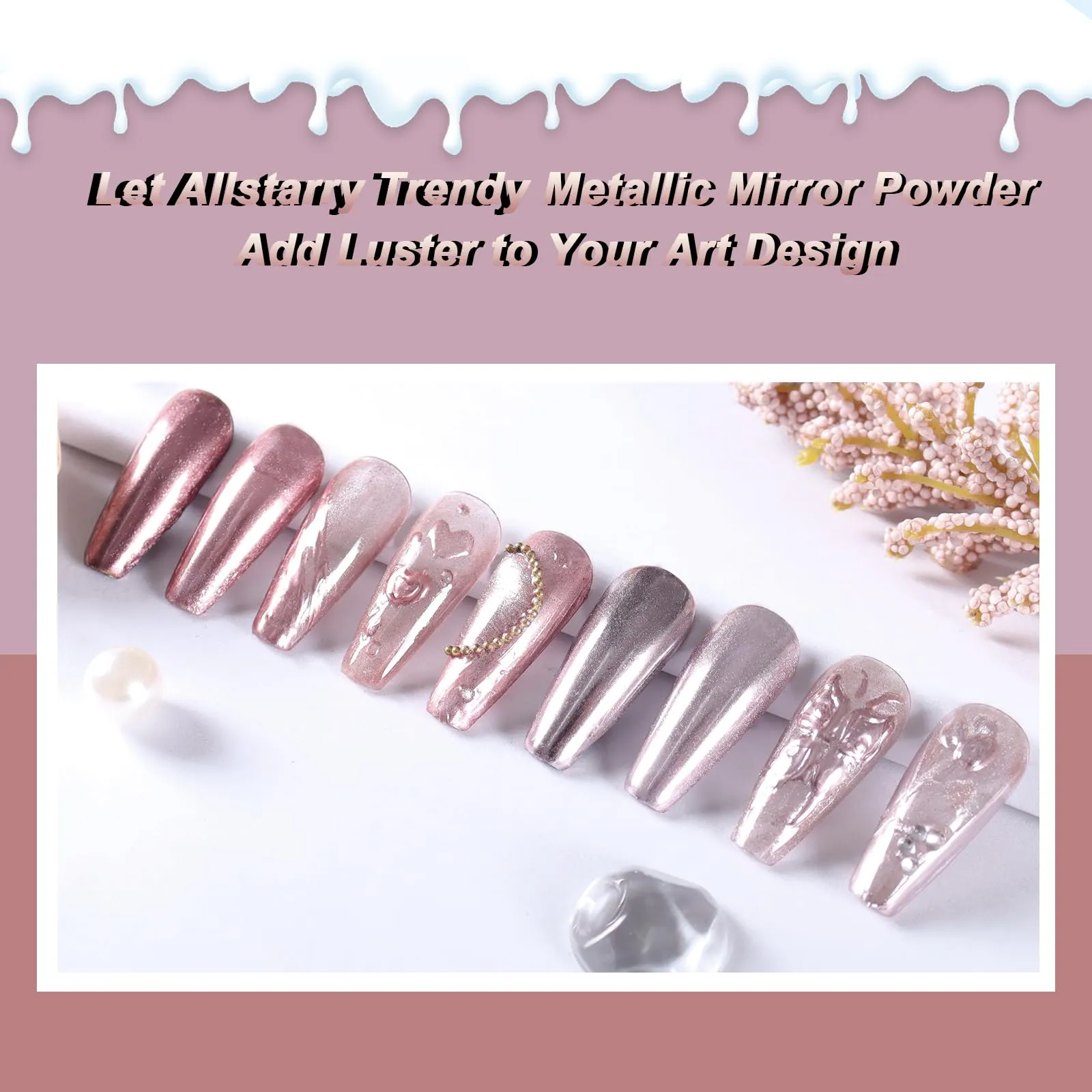 Allstarry Chrome Nail Powder 2pcs Metallic Mirror Effect Dust Glitter Glazed Manicure Decoration Reflective Pigment for Gel Polish Nail Art Decoration Resin Craft, Festivals - Rose Pink
