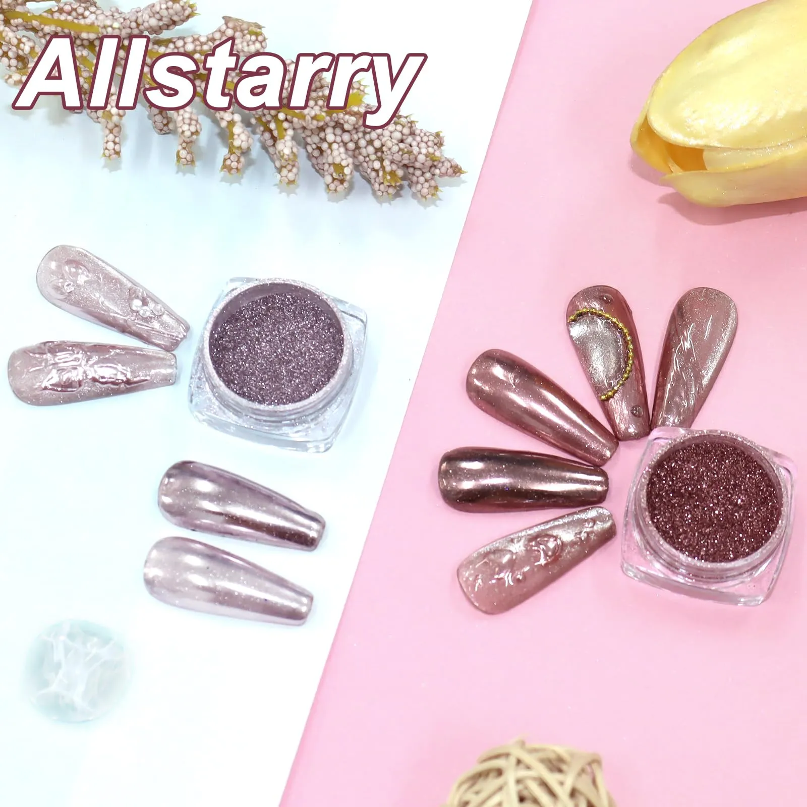 Allstarry Chrome Nail Powder 2pcs Metallic Mirror Effect Dust Glitter Glazed Manicure Decoration Reflective Pigment for Gel Polish Nail Art Decoration Resin Craft, Festivals - Rose Pink