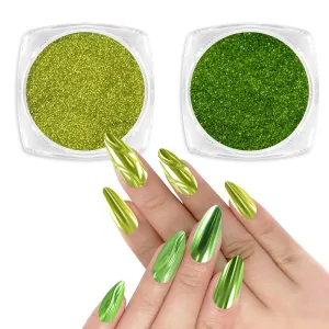 Allstarry Green Chrome Nail Powder, 2 Colors Metallic Effect Mirror Chrome Powder Pigment Manicure Magic Glitter Dust Kit for Gel Polish Nail Art Decoration with 2 Eyeshadow Sticks- Autumn Green