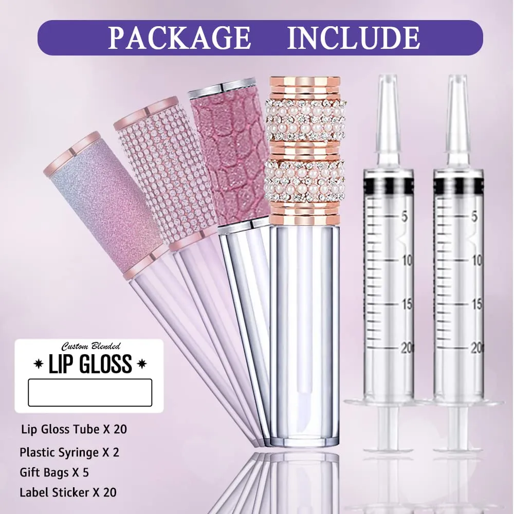 AMORIX 20 Pack Diamond Lip Gloss Tubes with Wand 5ml Empty Rhinestone Cute Lipgloss Bottles/Containers Crystal Lip Gloss Supplies Kit   2pcs Syringes   Labels for DIY Lip Gloss Base