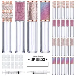 AMORIX 20 Pack Diamond Lip Gloss Tubes with Wand 5ml Empty Rhinestone Cute Lipgloss Bottles/Containers Crystal Lip Gloss Supplies Kit   2pcs Syringes   Labels for DIY Lip Gloss Base