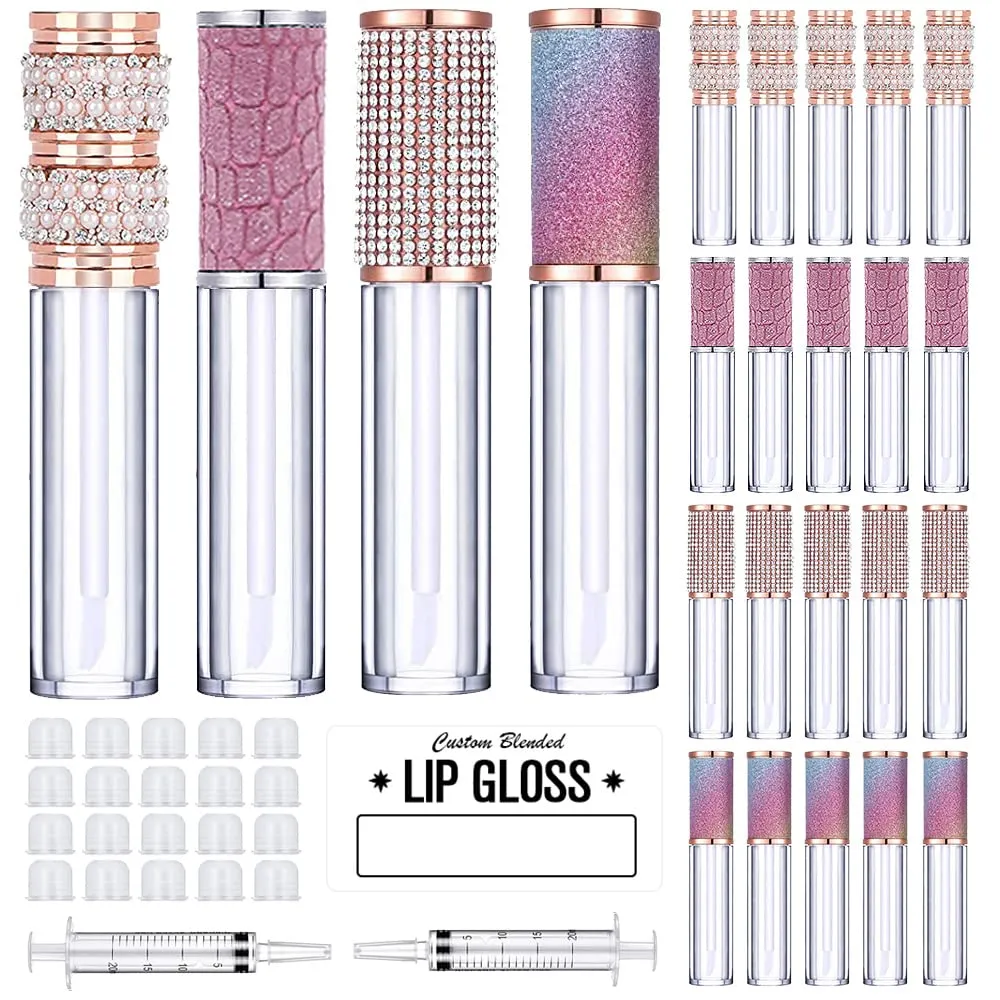 AMORIX 20 Pack Diamond Lip Gloss Tubes with Wand 5ml Empty Rhinestone Cute Lipgloss Bottles/Containers Crystal Lip Gloss Supplies Kit   2pcs Syringes   Labels for DIY Lip Gloss Base