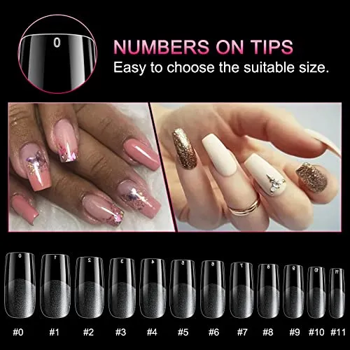 AORAEM Square Nail Tips 600 PCS Artificial Full Cover Nail Tips Soft Clear Gel x Nail Tips 12 Sizes Acrylic Medium Square Press on Nails Tapered Square False Nails with Box for Home DIY Nail Salon