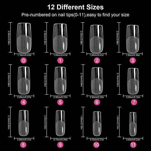 AORAEM Square Nail Tips 600 PCS Artificial Full Cover Nail Tips Soft Clear Gel x Nail Tips 12 Sizes Acrylic Medium Square Press on Nails Tapered Square False Nails with Box for Home DIY Nail Salon