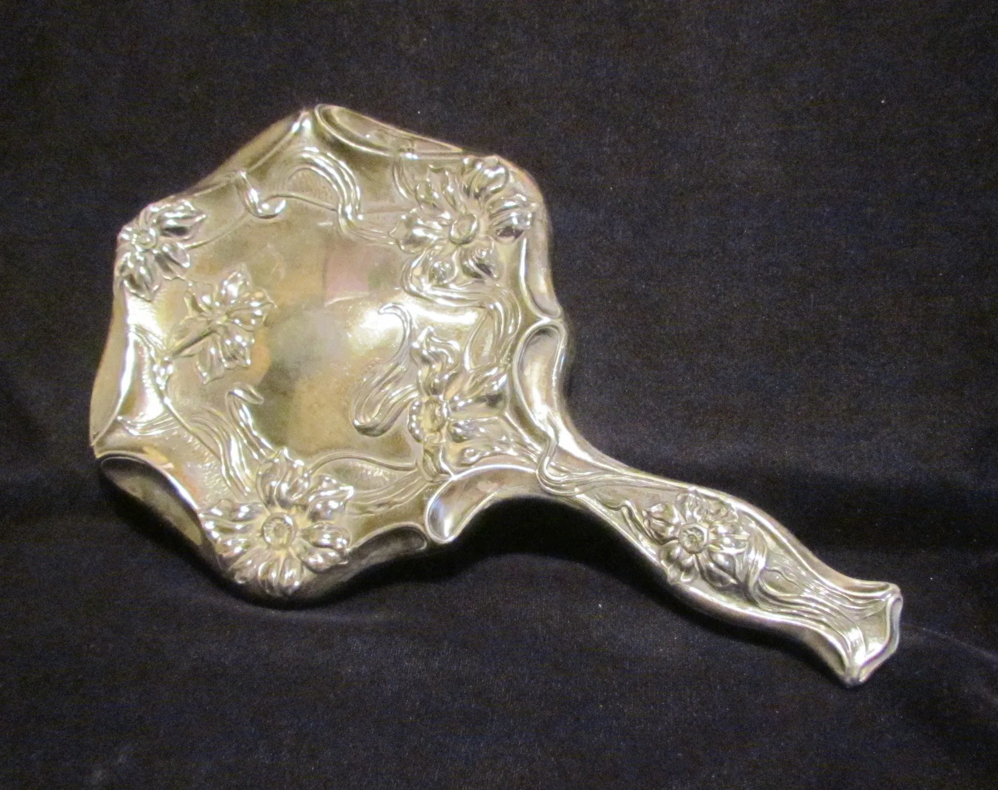 Art Nouveau Hand Held Mirror Vintage Silver Beveled Vanity Mirror