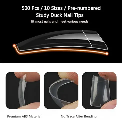 ASONRL 500Pcs Clear Duck Nail Tips, 10 Sizes Pre Shaped Professional Duck Nail Tips Press Ons Half Cover Acrylic Soft Gel Nail Tips for Nail Extension Home DIY Nail Salon with Box