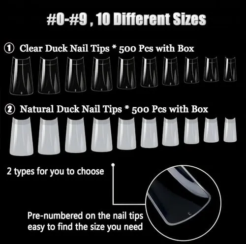 ASONRL 500Pcs Clear Duck Nail Tips, 10 Sizes Pre Shaped Professional Duck Nail Tips Press Ons Half Cover Acrylic Soft Gel Nail Tips for Nail Extension Home DIY Nail Salon with Box