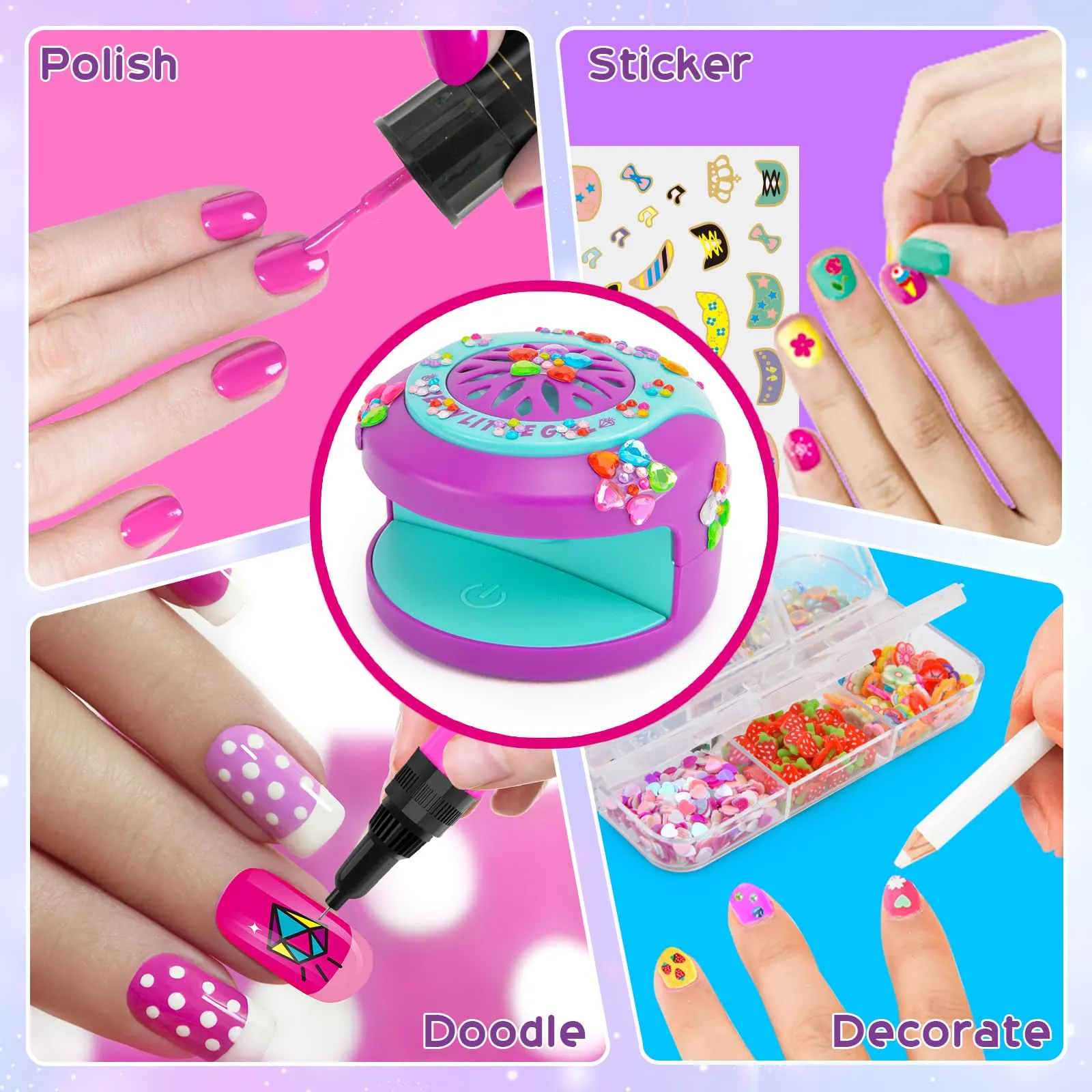 BATTOP Kids Nail Polish Set for Girls, Nail Art Kit for Girls with Nail Dryer & 2 in 1 Water Based Nail Polish & 3D Decoration & Sticker and Nail Flier - Idea Birthday Gifts for Girls 7 8 9 10 11 12