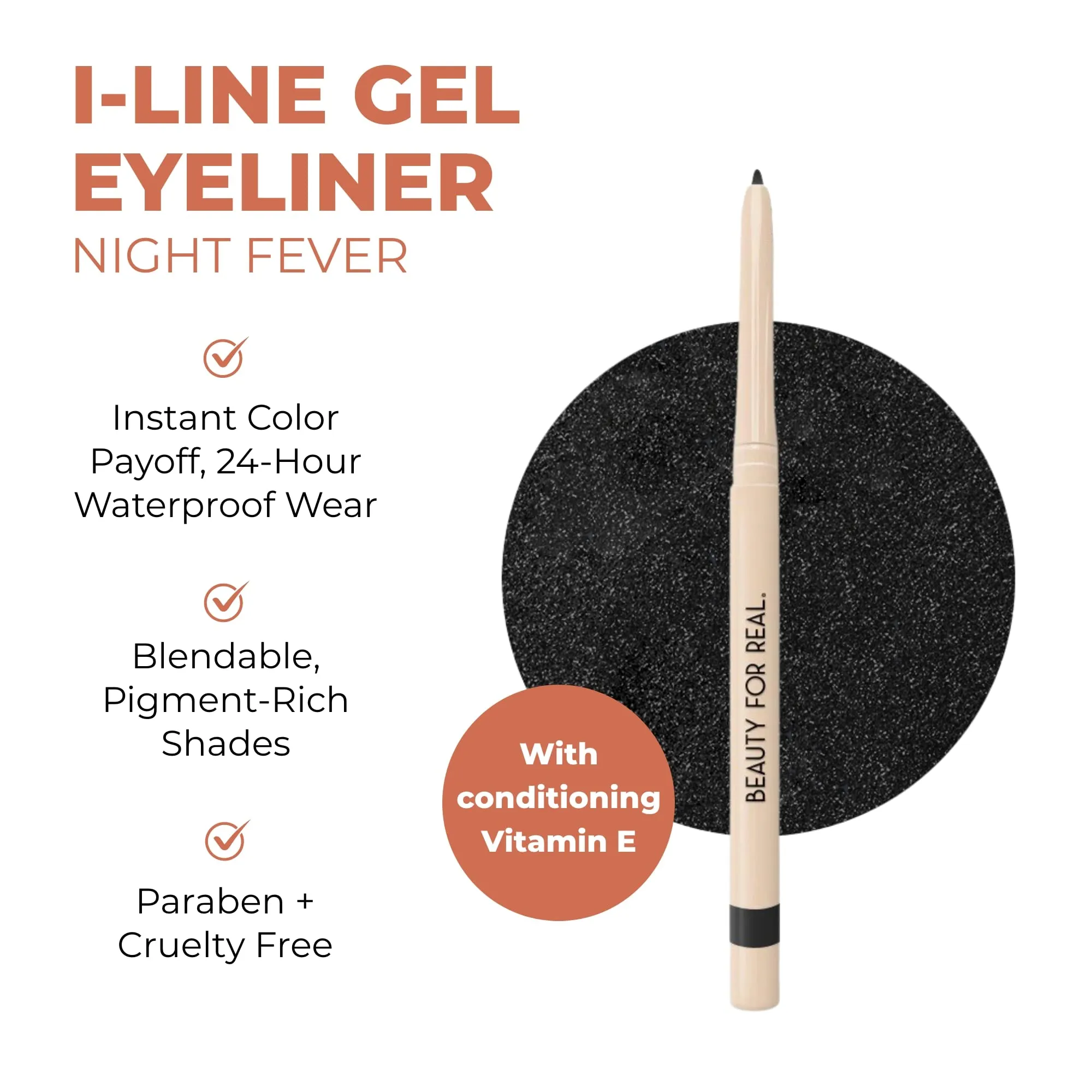 Beauty For Real I-Line 24-7 Eyeliner, Night Fever - Black with Rose Gold Sparkles - Long-Wearing, Waterproof Gel Formula - Safe for Sensitive Eyes & Contact Lens Wearers - 0.01 oz