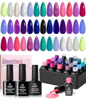 Beetles 20 Colors Gel Nail Polish Kit Midnight Euphoria Collection 23 Pcs Purple Blue Hot Pink Glitter Gel Polish Set Rainbow Soak off Uv Glossy & Matte Top Base Coat Gift for Girls