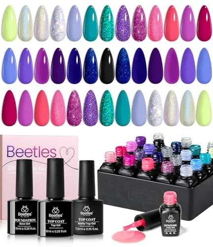 Beetles 20 Colors Gel Nail Polish Kit Midnight Euphoria Collection 23 Pcs Purple Blue Hot Pink Glitter Gel Polish Set Rainbow Soak off Uv Glossy & Matte Top Base Coat Gift for Girls