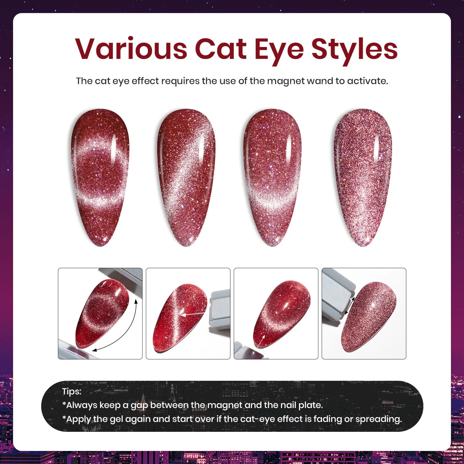 Beetles Cat Eye Gel Nail Polish Set 6 Colors Glitter Red Purple Blue Nail Polish with Magnet Fall Gel Polish Soak Off U V Led Gifts for Women Girls Salon DIY Home
