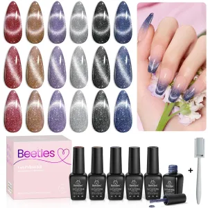 Beetles Cat Eye Gel Nail Polish Set 6 Colors Glitter Red Purple Blue Nail Polish with Magnet Fall Gel Polish Soak Off U V Led Gifts for Women Girls Salon DIY Home