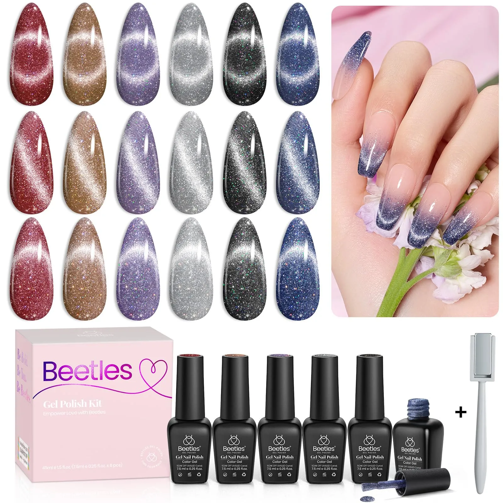 Beetles Cat Eye Gel Nail Polish Set 6 Colors Glitter Red Purple Blue Nail Polish with Magnet Fall Gel Polish Soak Off U V Led Gifts for Women Girls Salon DIY Home