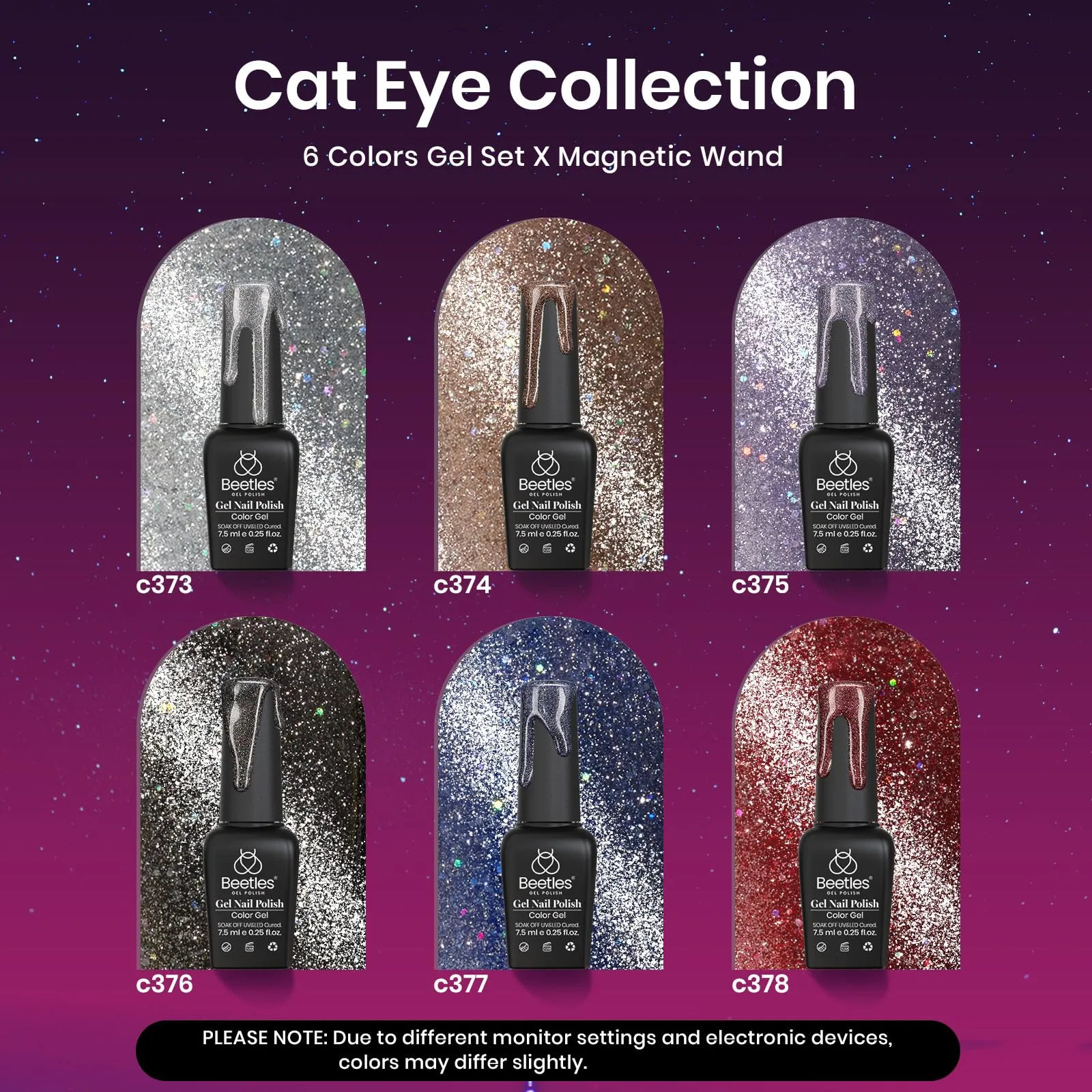 Beetles Cat Eye Gel Nail Polish Set 6 Colors Glitter Red Purple Blue Nail Polish with Magnet Fall Gel Polish Soak Off U V Led Gifts for Women Girls Salon DIY Home