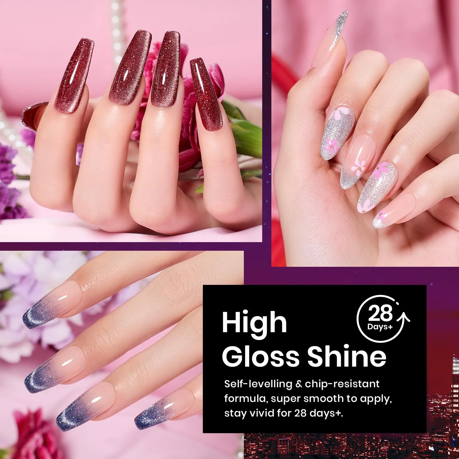 Beetles Cat Eye Gel Nail Polish Set 6 Colors Glitter Red Purple Blue Nail Polish with Magnet Fall Gel Polish Soak Off U V Led Gifts for Women Girls Salon DIY Home