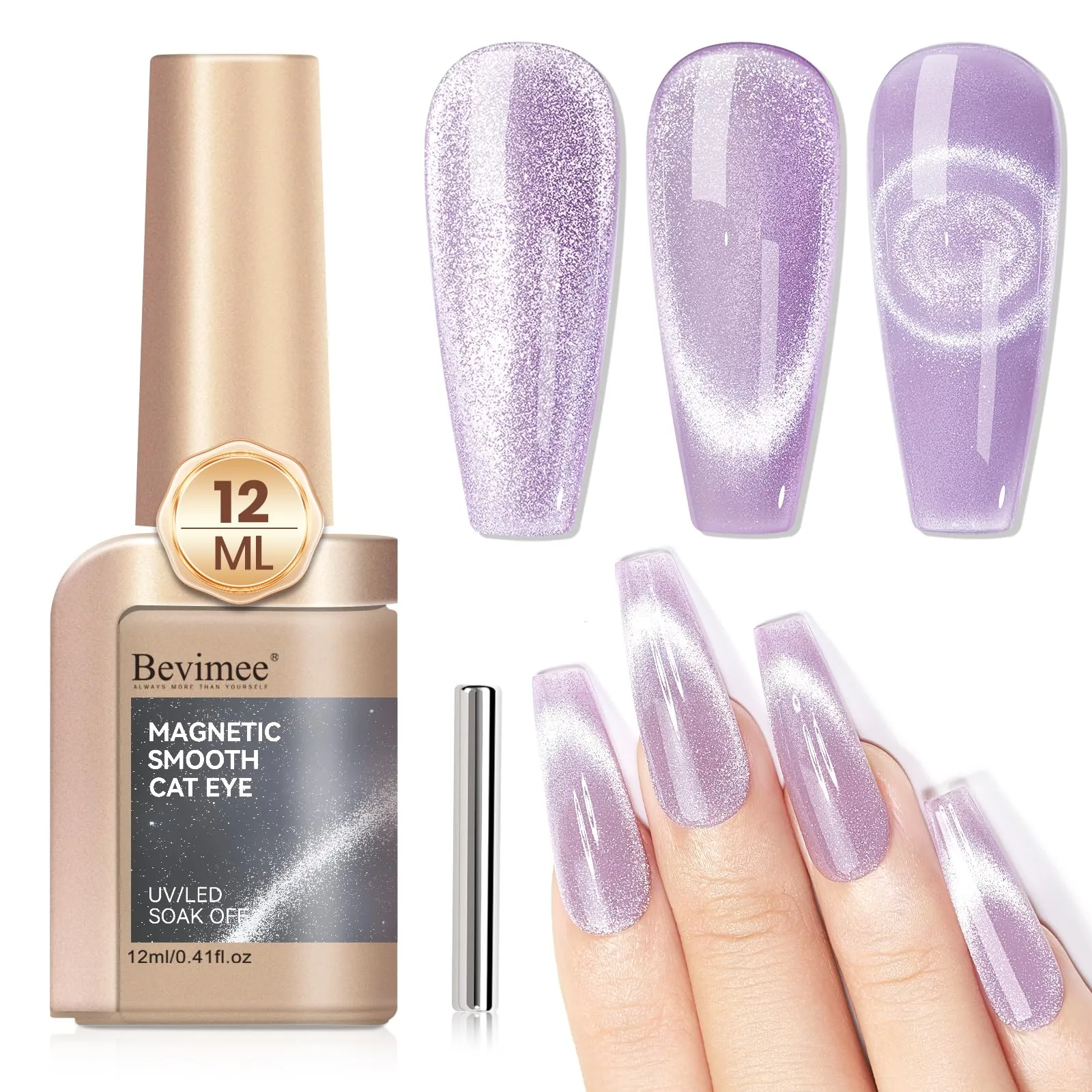 Bevimee Cat Eye Gel Nail Polish 12ML, Lavender Purple Smoothie Magnetic Gel Polish Holographic Shimmer Glitter Cats Eye Nail Polish with Magnet Stick Soak Off UV Gel Nail Art Varnish