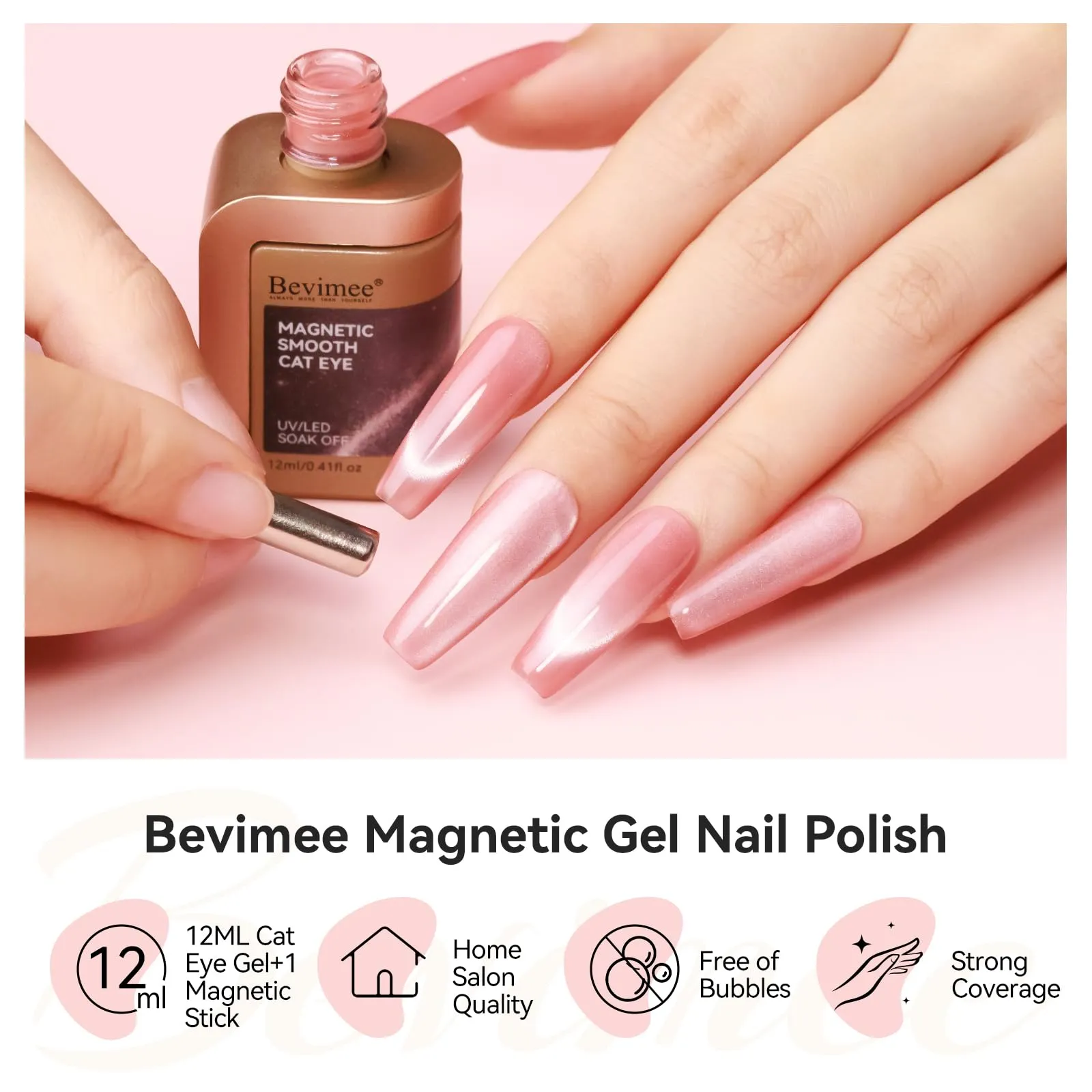 Bevimee Cat Eye Gel Nail Polish 12ML, Moonlight Cateye Gel Polish Crystal Mirror Gloss Magnetic Nail Gel Pink Glitter Holographic Nail Polish Cats Eye Velvet UV Gel Polish for Nail Art 1PC
