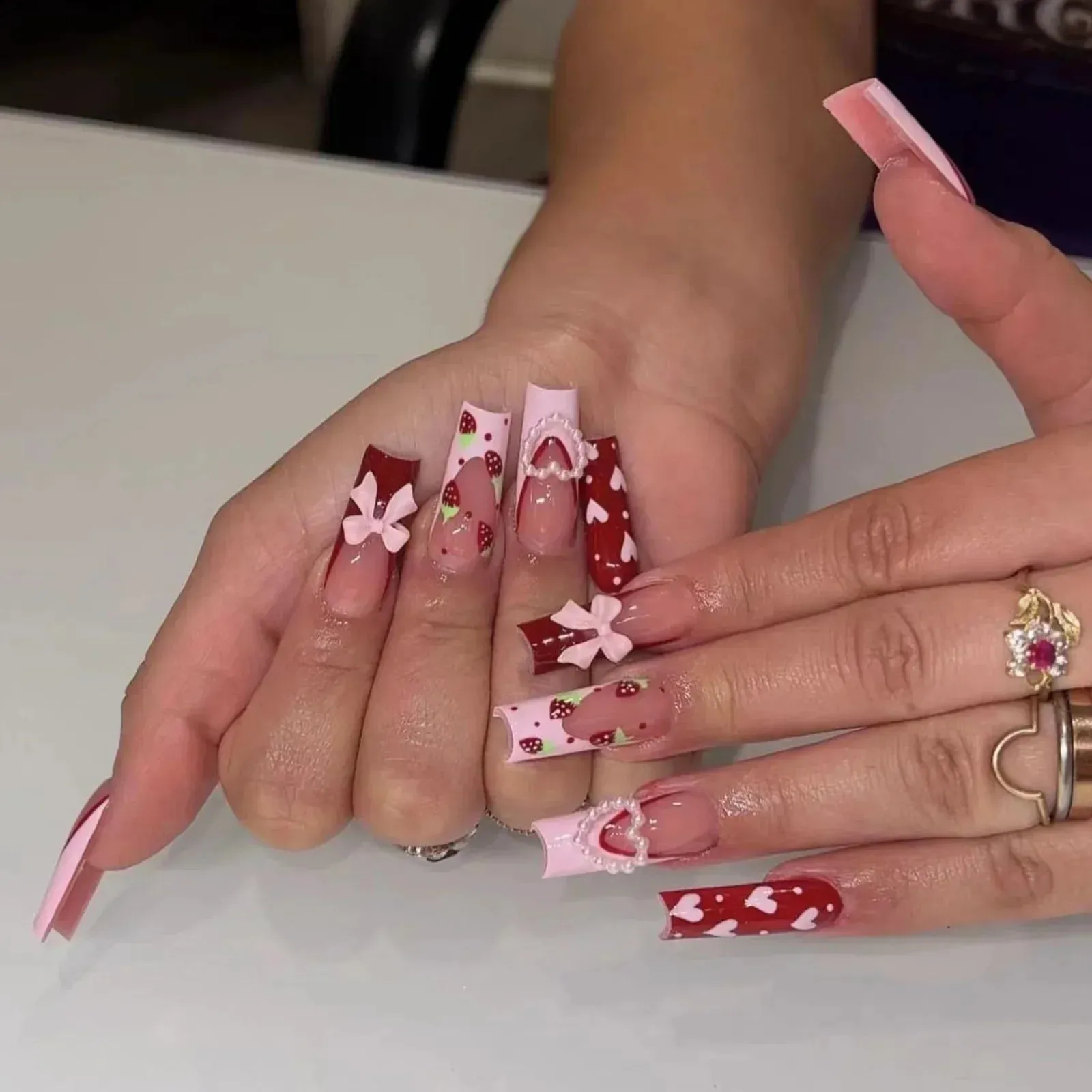 binfenxie 24pc Detachable Ballet Coffin French Fake Nails with Designs Butterfly Full Cover Press on Nails XL Artificial Nails with Glue