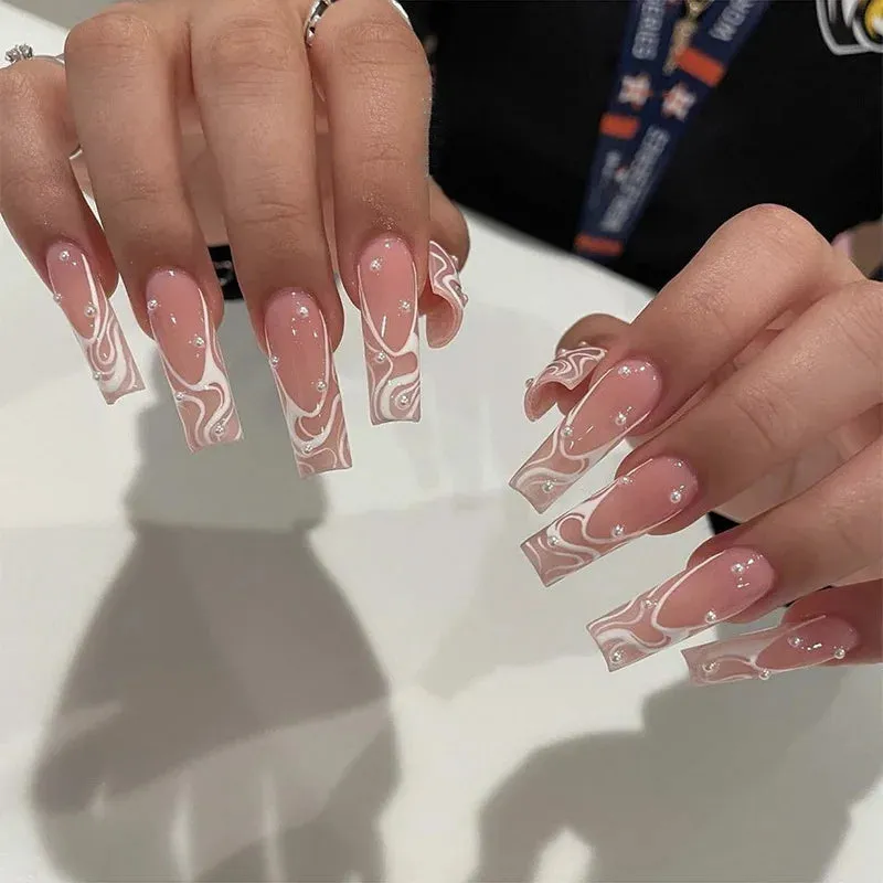 binfenxie 24pc Detachable Ballet Coffin French Fake Nails with Designs Butterfly Full Cover Press on Nails XL Artificial Nails with Glue