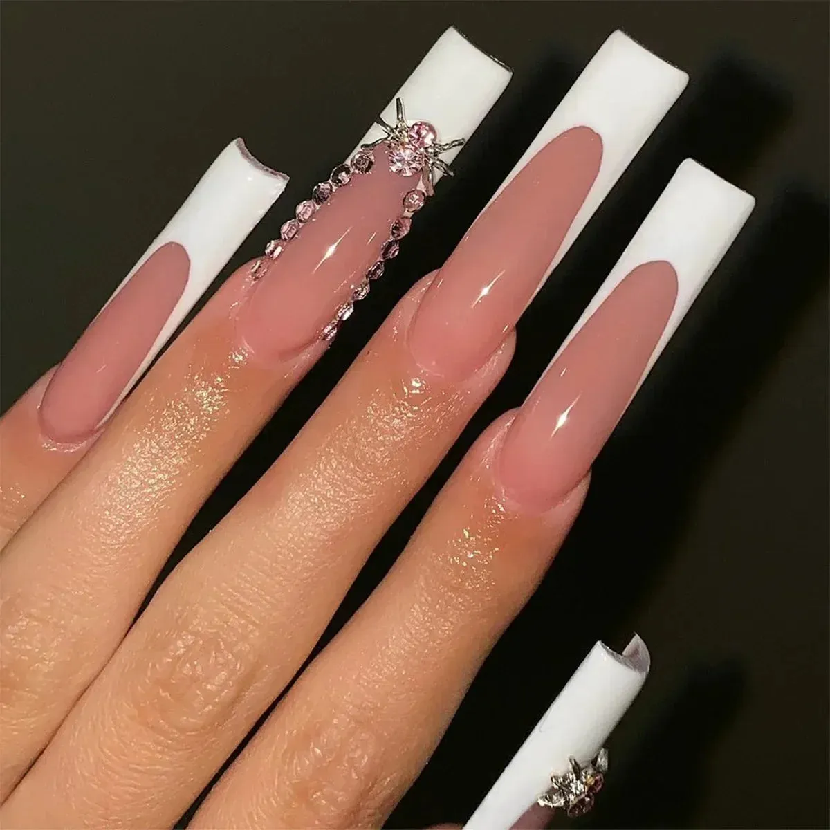 binfenxie 24pc Detachable Ballet Coffin French Fake Nails with Designs Butterfly Full Cover Press on Nails XL Artificial Nails with Glue