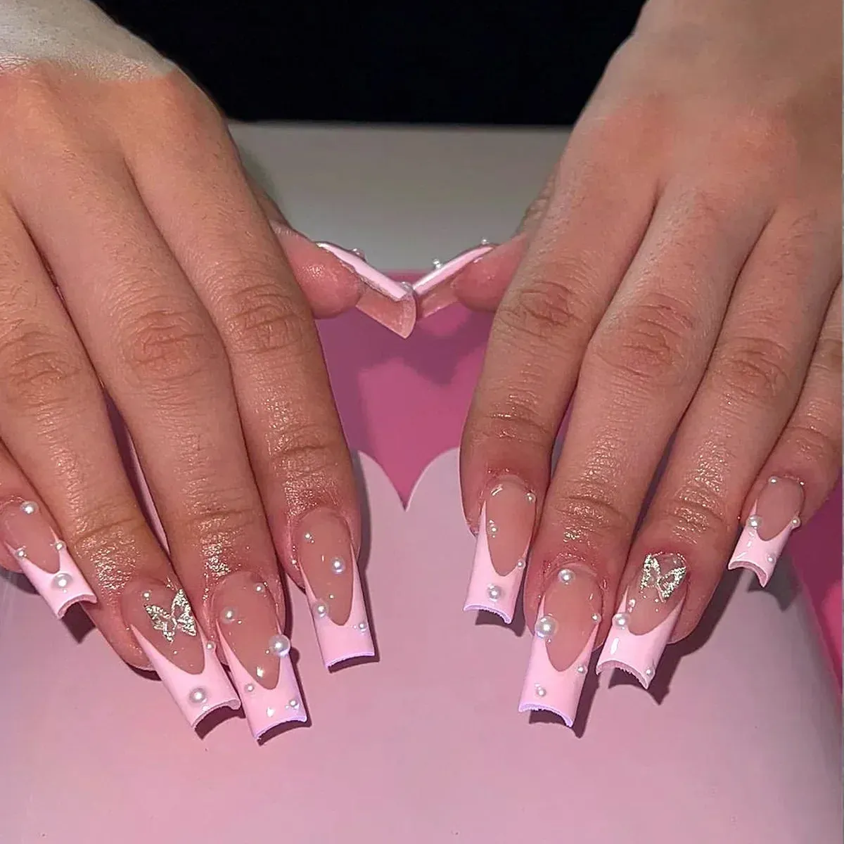 binfenxie 24pc Detachable Ballet Coffin French Fake Nails with Designs Butterfly Full Cover Press on Nails XL Artificial Nails with Glue