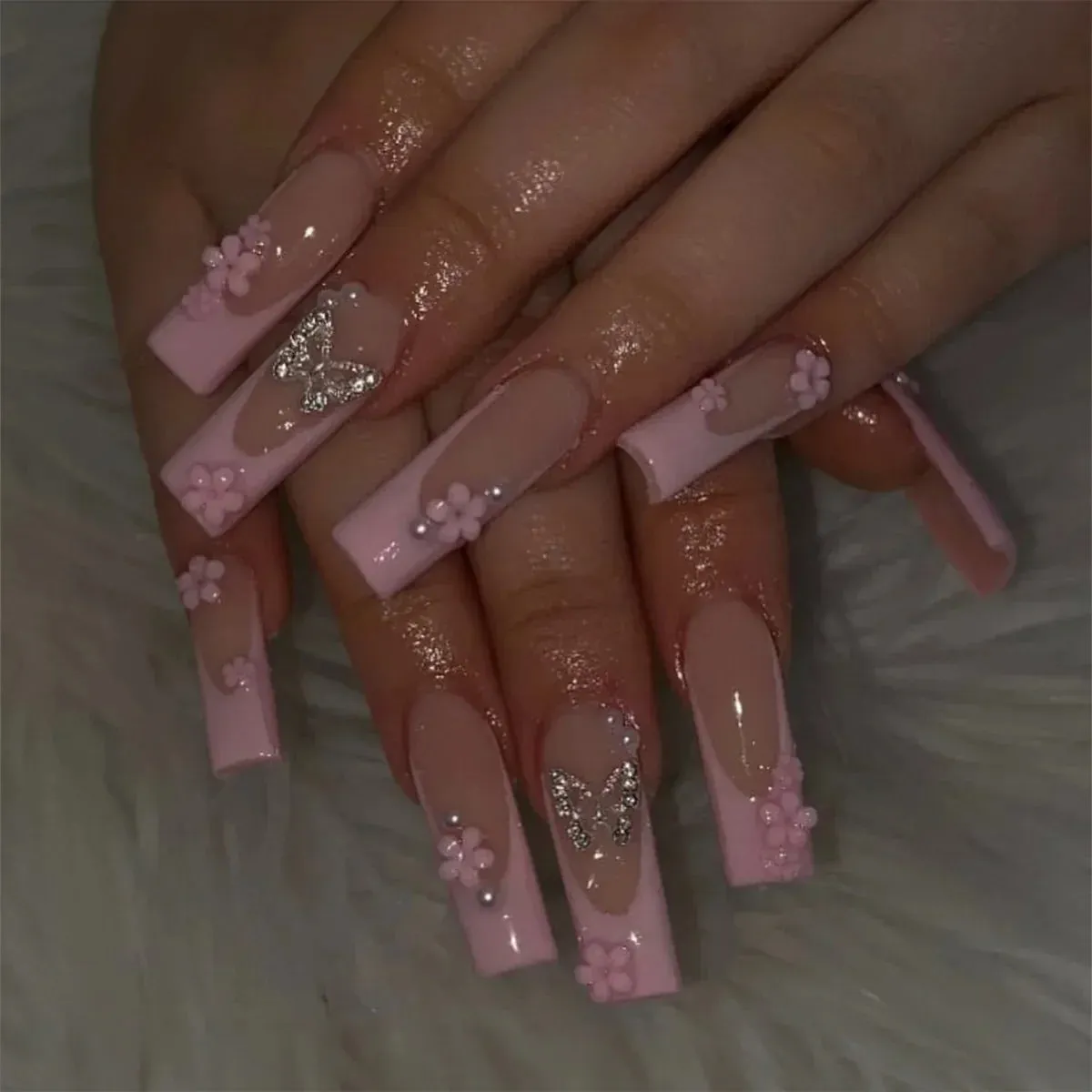 binfenxie 24pc Detachable Ballet Coffin French Fake Nails with Designs Butterfly Full Cover Press on Nails XL Artificial Nails with Glue