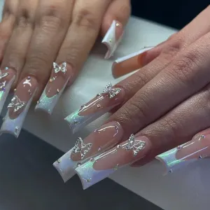binfenxie 24pc Detachable Ballet Coffin French Fake Nails with Designs Butterfly Full Cover Press on Nails XL Artificial Nails with Glue