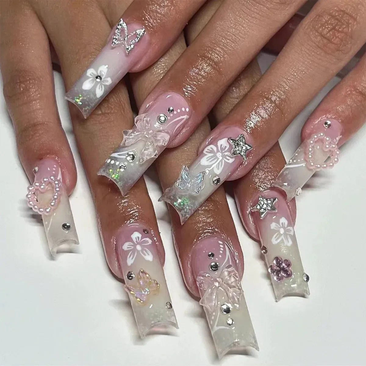 binfenxie 24pc Detachable Ballet Coffin French Fake Nails with Designs Butterfly Full Cover Press on Nails XL Artificial Nails with Glue