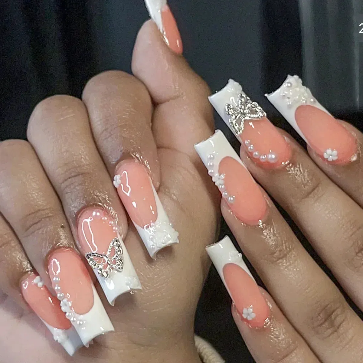binfenxie 24pc Detachable Ballet Coffin French Fake Nails with Designs Butterfly Full Cover Press on Nails XL Artificial Nails with Glue