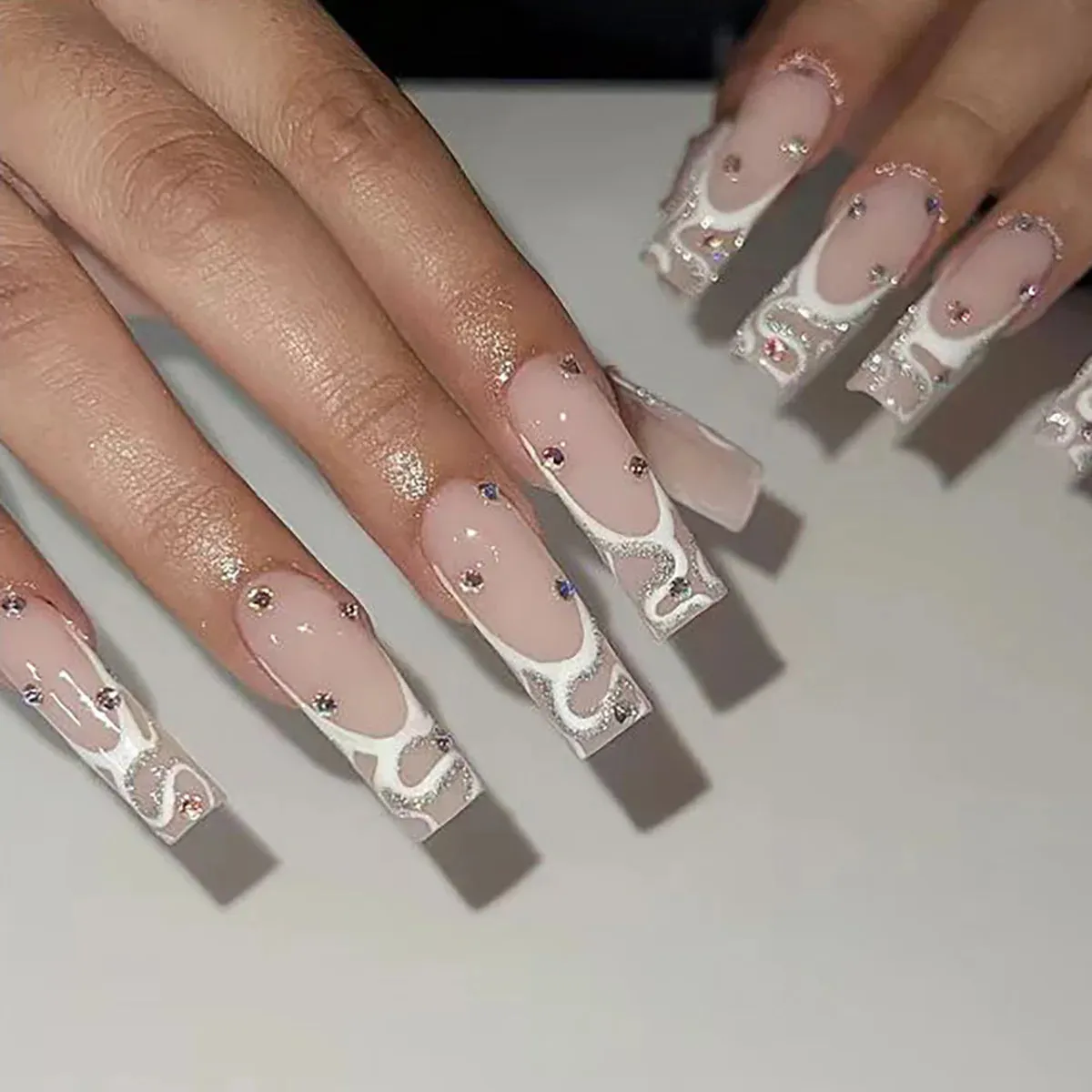 binfenxie 24pc Detachable Ballet Coffin French Fake Nails with Designs Butterfly Full Cover Press on Nails XL Artificial Nails with Glue
