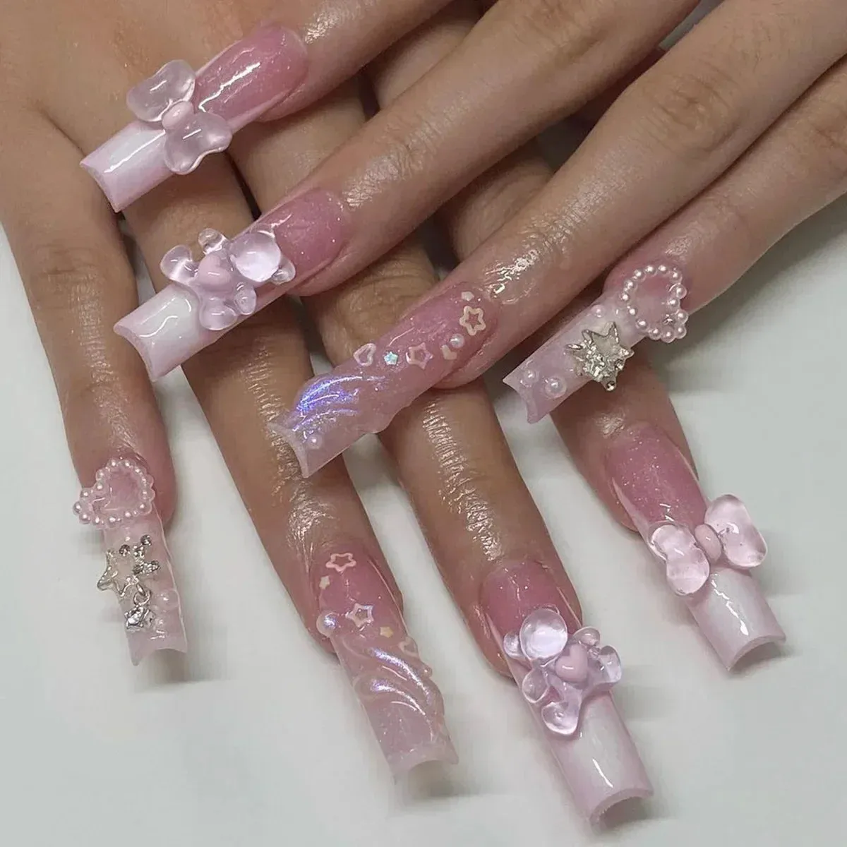 binfenxie 24pc Detachable Ballet Coffin French Fake Nails with Designs Butterfly Full Cover Press on Nails XL Artificial Nails with Glue