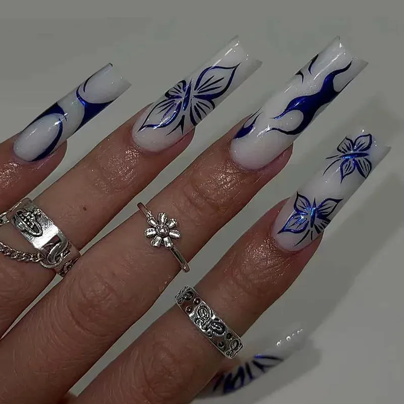 binfenxie 24pc Detachable Ballet Coffin French Fake Nails with Designs Butterfly Full Cover Press on Nails XL Artificial Nails with Glue