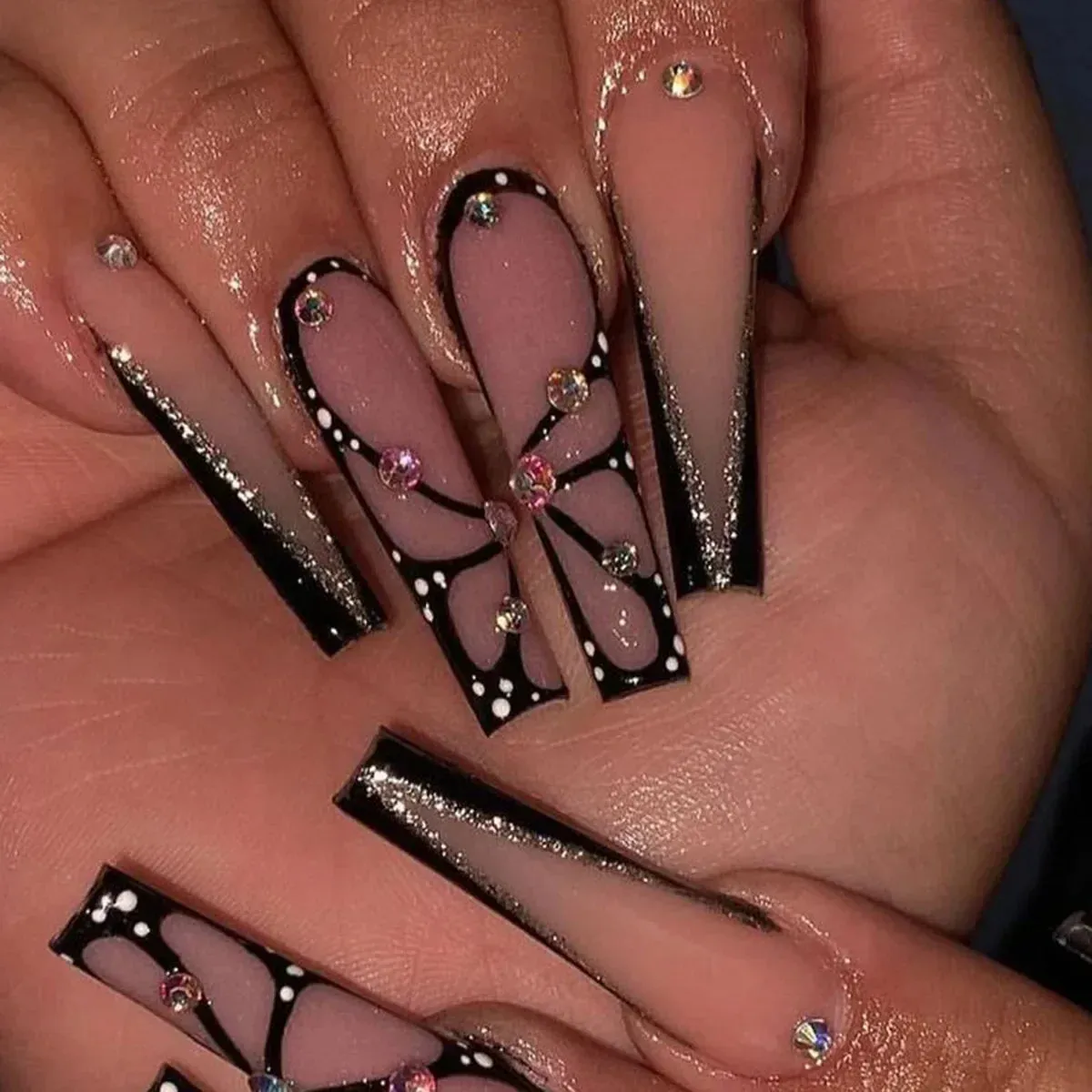 binfenxie 24pc Detachable Ballet Coffin French Fake Nails with Designs Butterfly Full Cover Press on Nails XL Artificial Nails with Glue