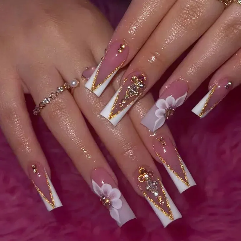 binfenxie 24pc Detachable Ballet Coffin French Fake Nails with Designs Butterfly Full Cover Press on Nails XL Artificial Nails with Glue