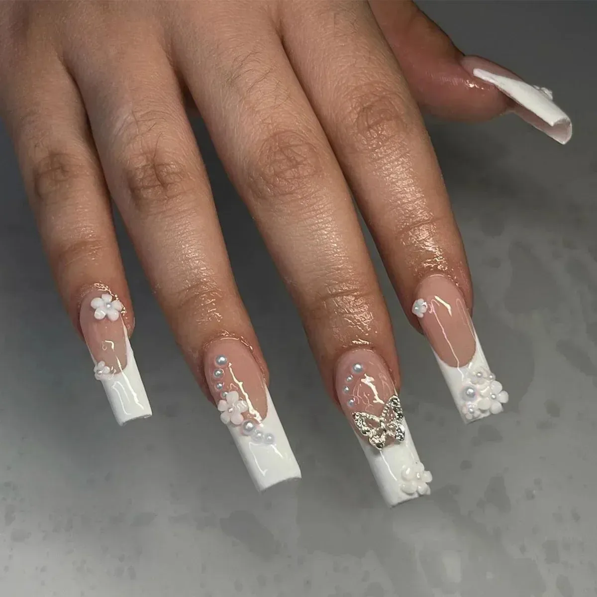 binfenxie 24pc Detachable Ballet Coffin French Fake Nails with Designs Butterfly Full Cover Press on Nails XL Artificial Nails with Glue