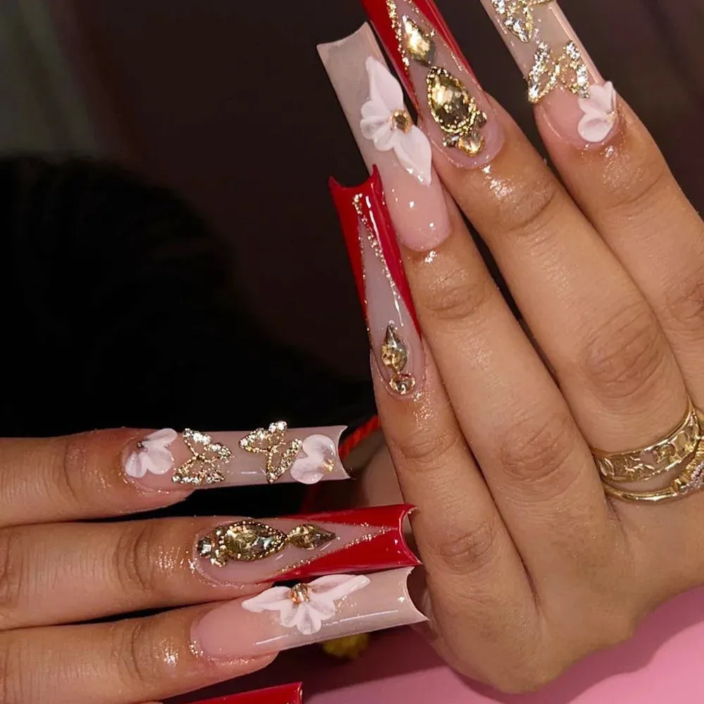 binfenxie 24pc Detachable Ballet Coffin French Fake Nails with Designs Butterfly Full Cover Press on Nails XL Artificial Nails with Glue