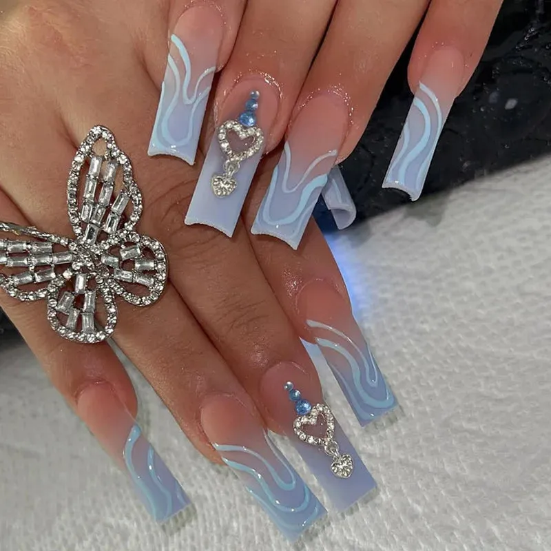 binfenxie 24pc Detachable Ballet Coffin French Fake Nails with Designs Butterfly Full Cover Press on Nails XL Artificial Nails with Glue