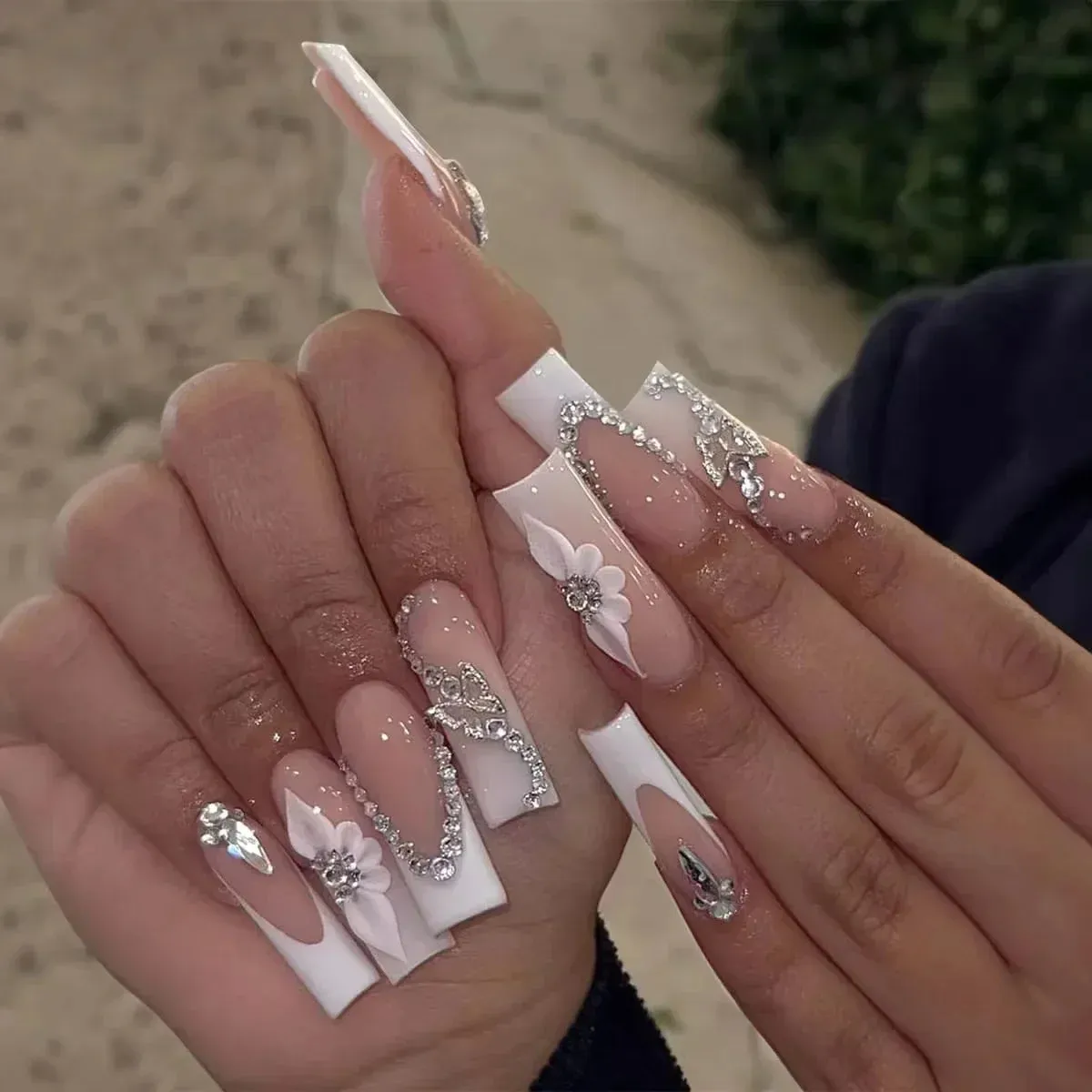 binfenxie 24pc Detachable Ballet Coffin French Fake Nails with Designs Butterfly Full Cover Press on Nails XL Artificial Nails with Glue