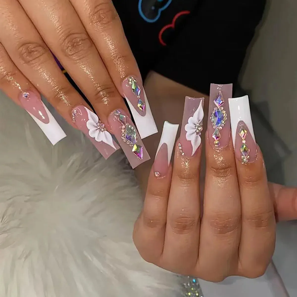 binfenxie 24pc Detachable Ballet Coffin French Fake Nails with Designs Butterfly Full Cover Press on Nails XL Artificial Nails with Glue