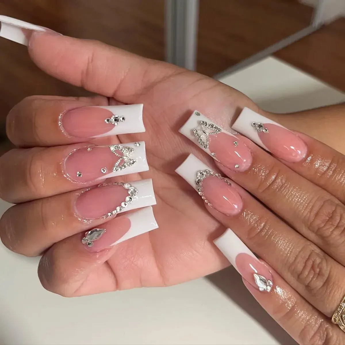 binfenxie 24pc Detachable Ballet Coffin French Fake Nails with Designs Butterfly Full Cover Press on Nails XL Artificial Nails with Glue