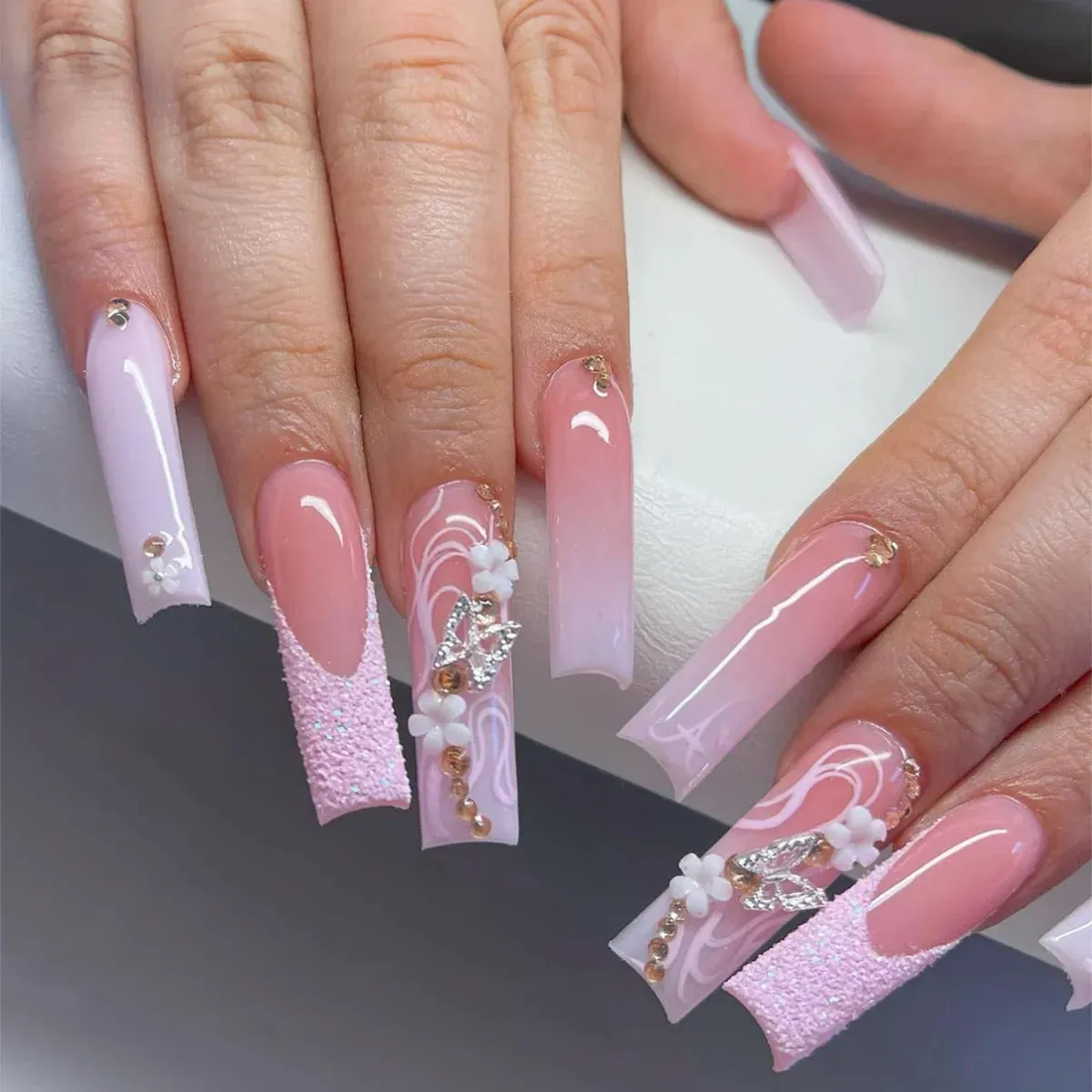 binfenxie 24pc Detachable Ballet Coffin French Fake Nails with Designs Butterfly Full Cover Press on Nails XL Artificial Nails with Glue