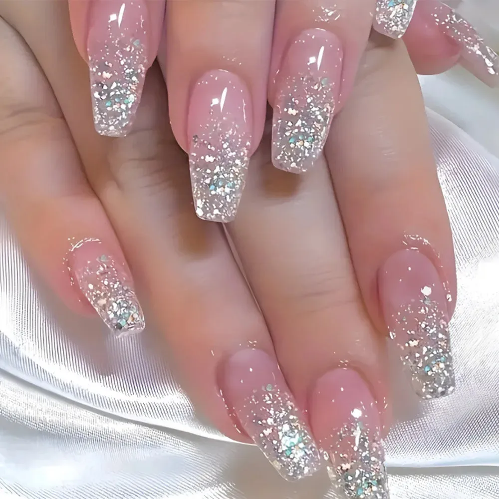 binfenxie 24pc Detachable Ballet Coffin French Fake Nails with Designs Butterfly Full Cover Press on Nails XL Artificial Nails with Glue