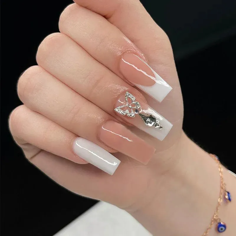 binfenxie 24pc Detachable Ballet Coffin French Fake Nails with Designs Butterfly Full Cover Press on Nails XL Artificial Nails with Glue