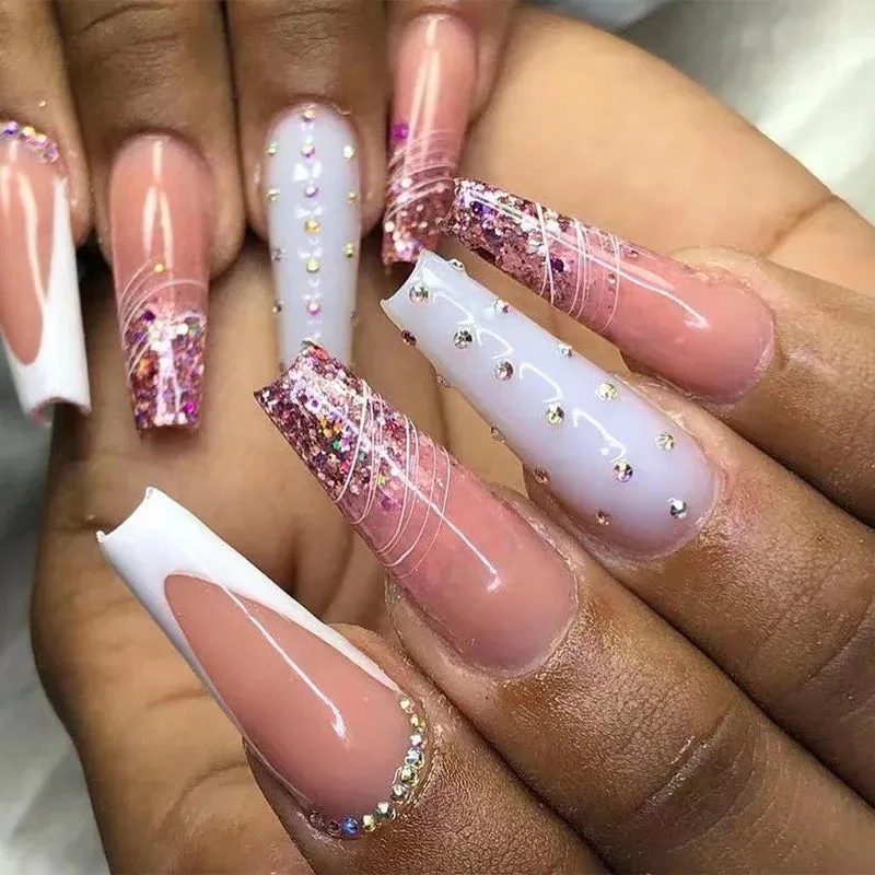 binfenxie 24pc Detachable Ballet Coffin French Fake Nails with Designs Butterfly Full Cover Press on Nails XL Artificial Nails with Glue