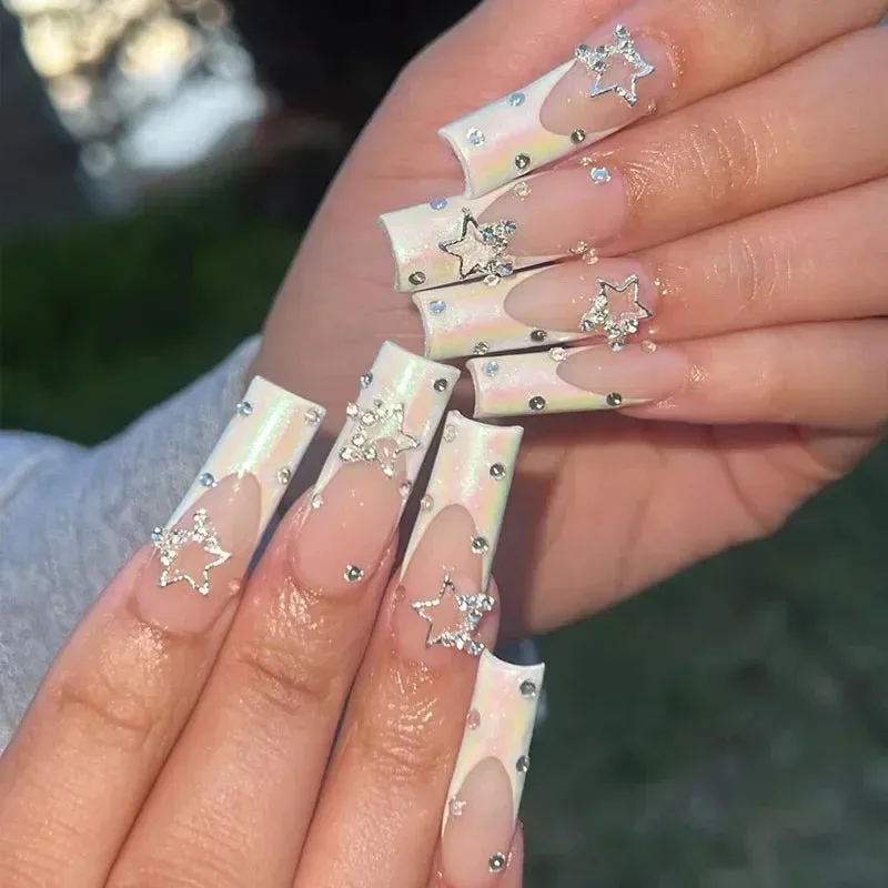 binfenxie 24pc Detachable Ballet Coffin French Fake Nails with Designs Butterfly Full Cover Press on Nails XL Artificial Nails with Glue