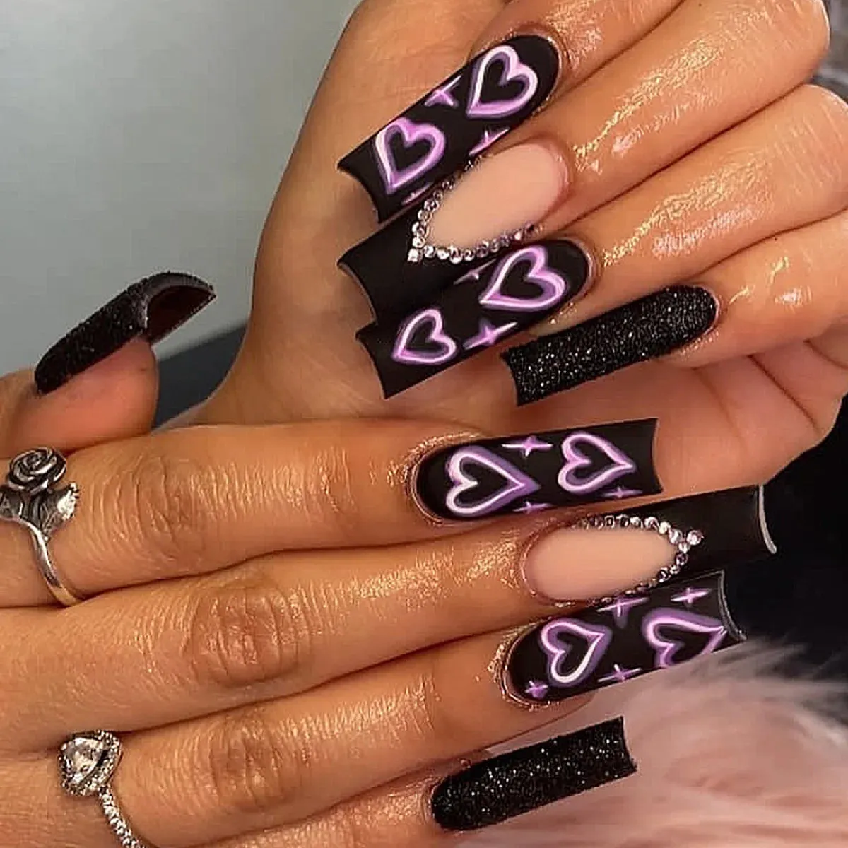 binfenxie 24pc Detachable Ballet Coffin French Fake Nails with Designs Butterfly Full Cover Press on Nails XL Artificial Nails with Glue