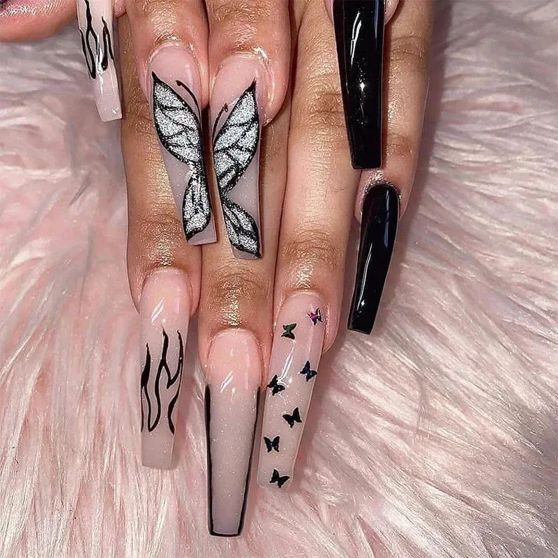 binfenxie 24pc Detachable Ballet Coffin French Fake Nails with Designs Butterfly Full Cover Press on Nails XL Artificial Nails with Glue