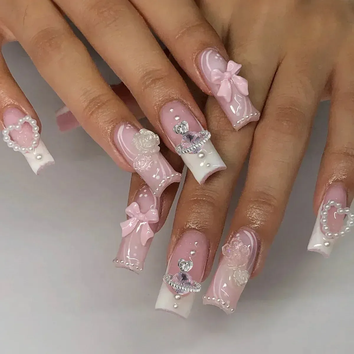 binfenxie 24pc Detachable Ballet Coffin French Fake Nails with Designs Butterfly Full Cover Press on Nails XL Artificial Nails with Glue